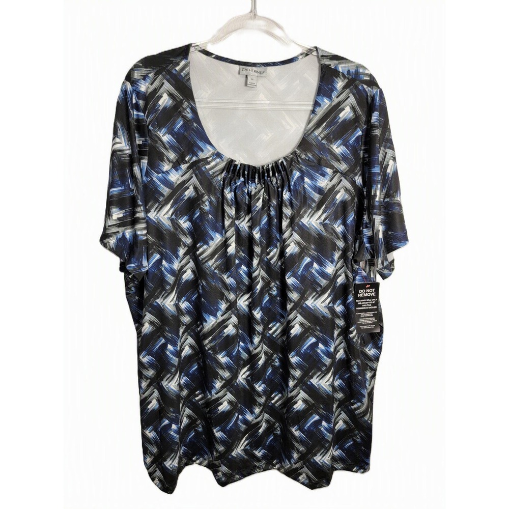 Catherines Women 2X Blouse Blue Black Abstract Geometric Pleated Scoop Neck Top
